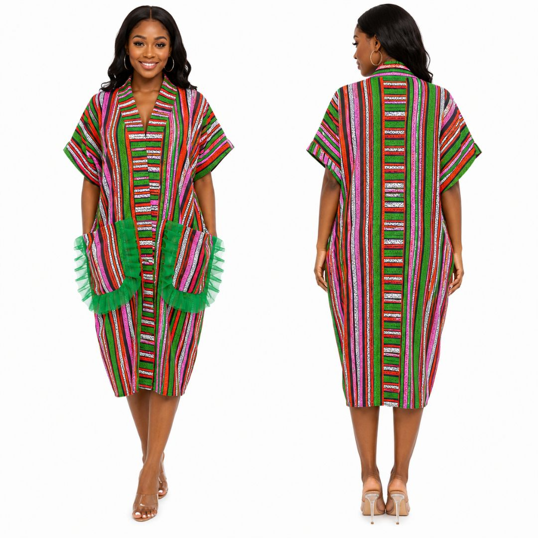 Multi Color Striped Short Sleeve Kimono with Ruffle Pocket Detail