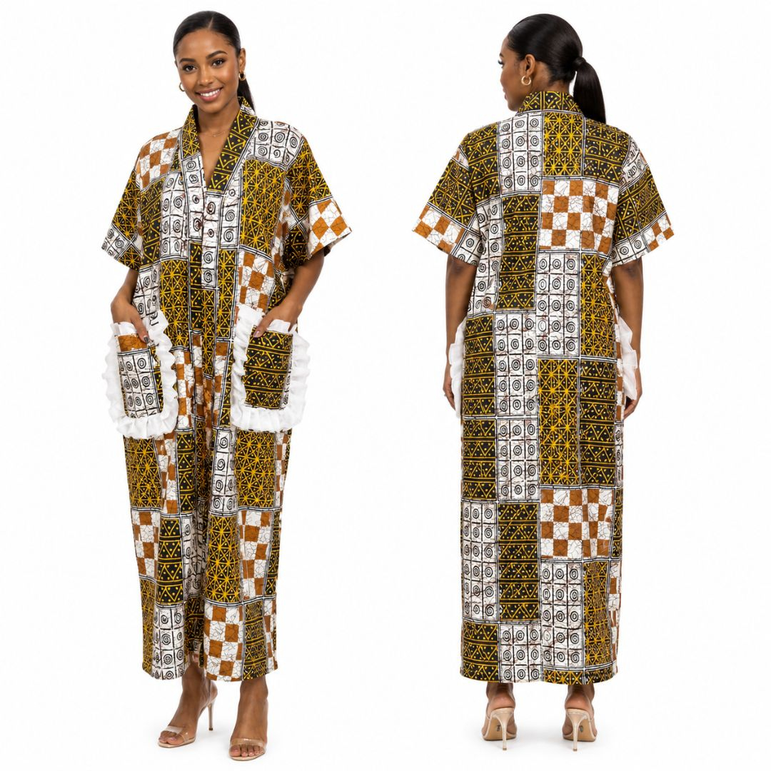 Geometric Print Kaftan with White Ruffle Pockets