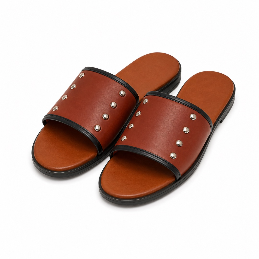 Luxury  Brown Studded Slide Sandals