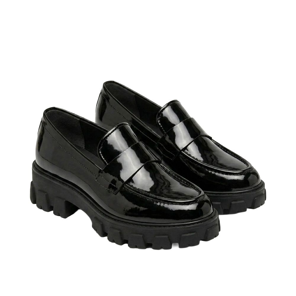 Glossy Black Patent Lug Sole Loafers