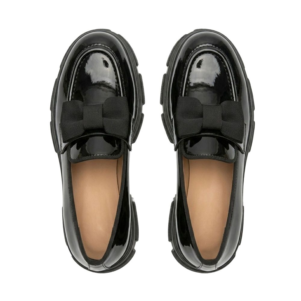 Black Patent Lug Sole Loafers with bow