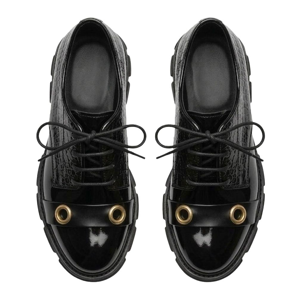 Black Glossy Croc Embossed Derby Shoes with Golden eyelet