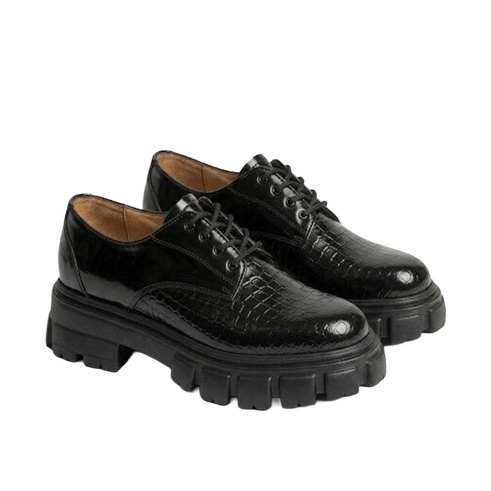Quality Men Black Croc Textured Derby Shoes with Chunky Lug Sole