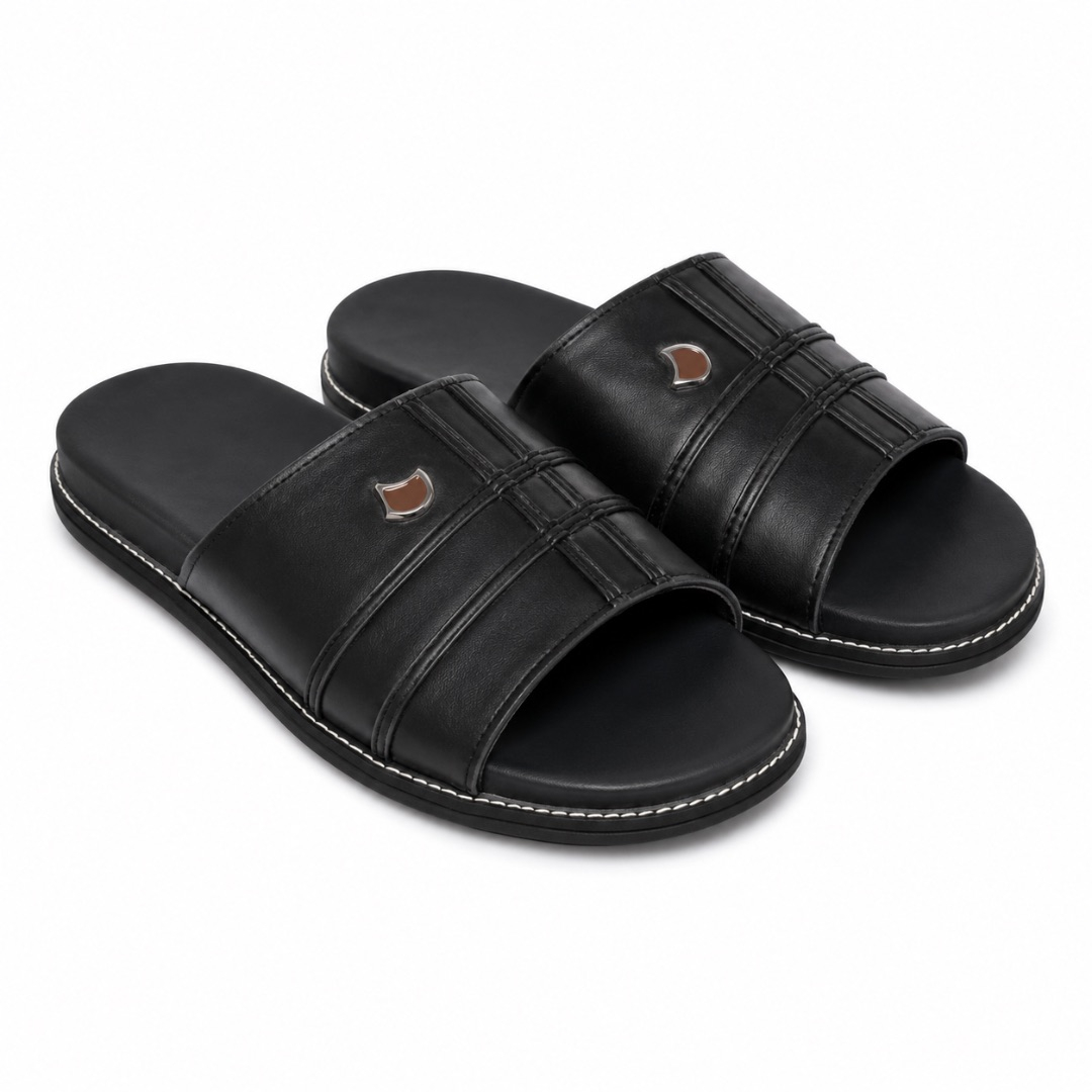 Luxury Classic Black Leather Slide Slippers