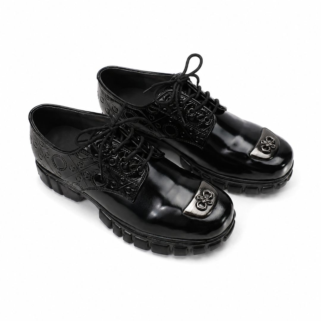 Black Glossy Patterned Lug Sole Derby Shoes