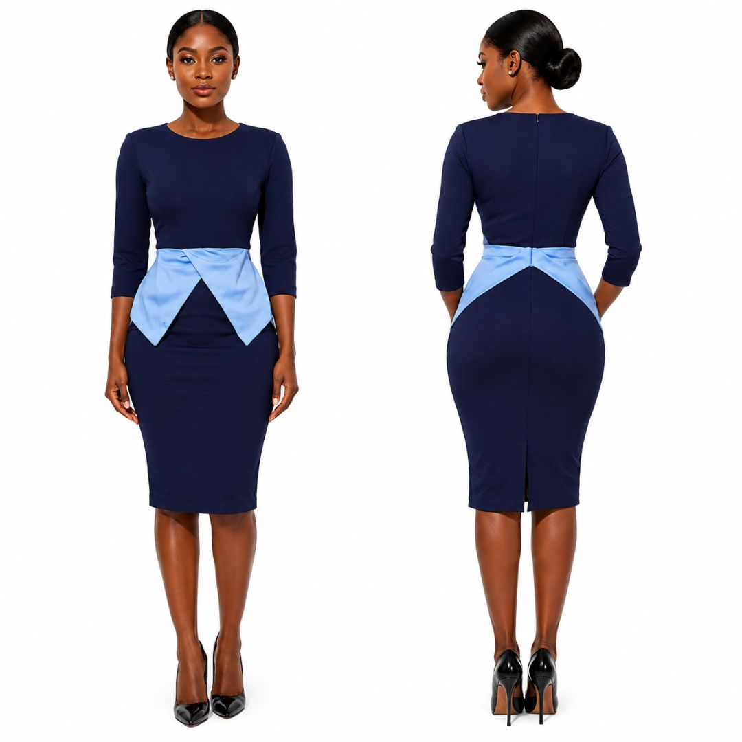 Elegant Colorblock Peplum Bodycon Midi Dress