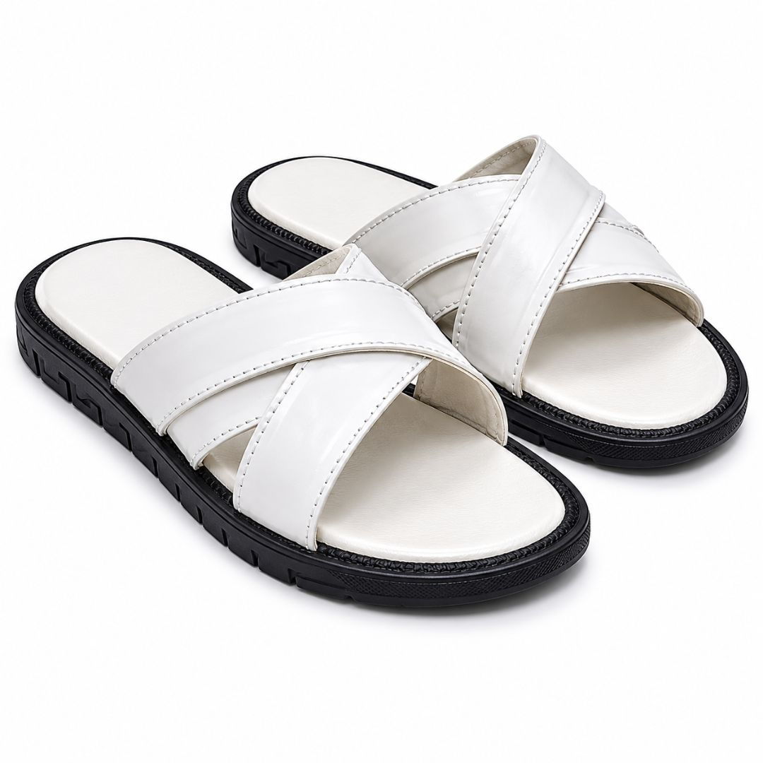 Mens Premium White Cross Strap Slide Sandals
