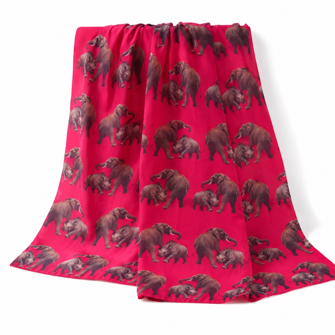 Luxury Red Safari Elephant and Rhino Traditional fenico Fabric