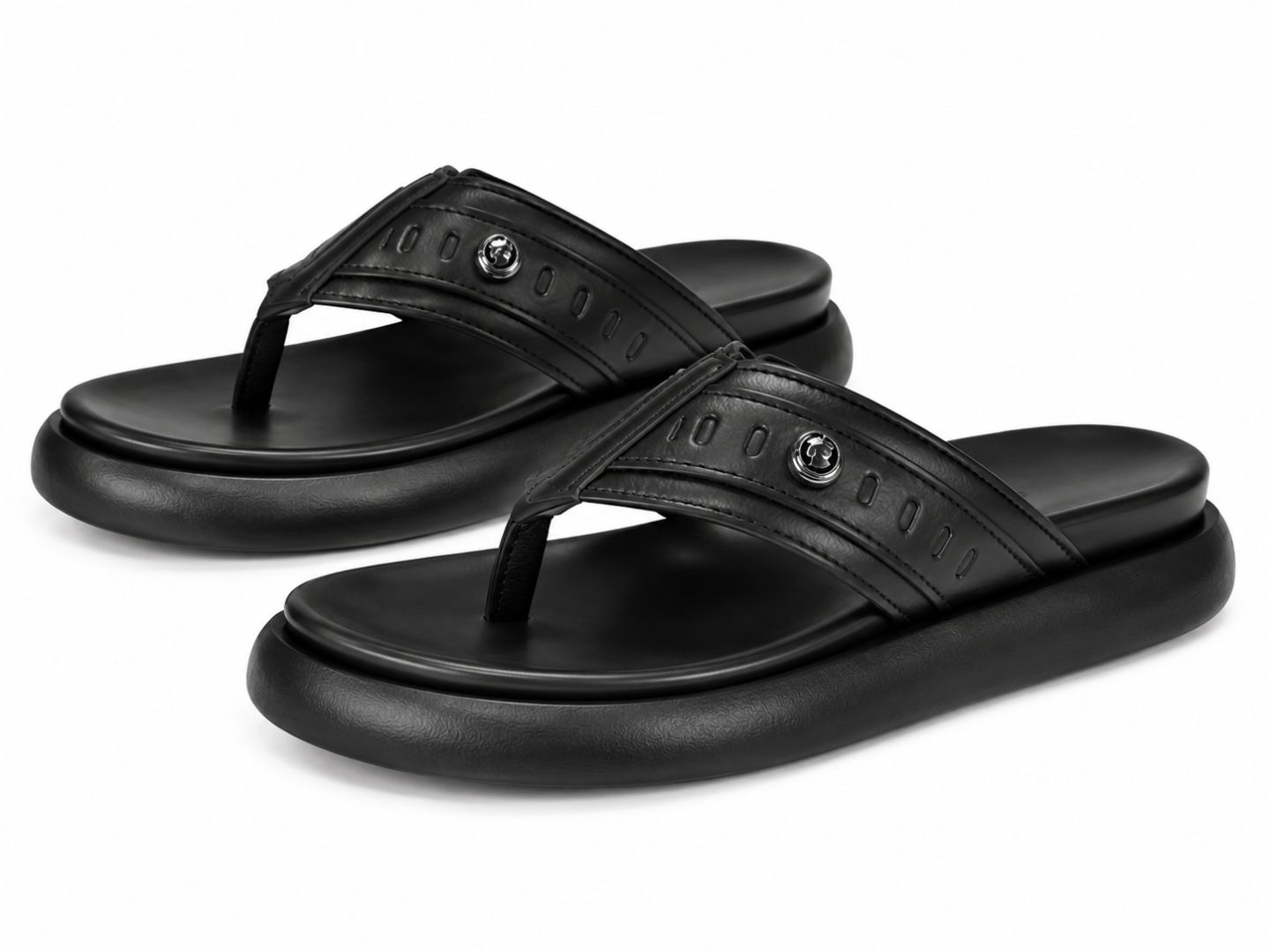 Minimal Black Perforated Strap Leather Slide Sandals