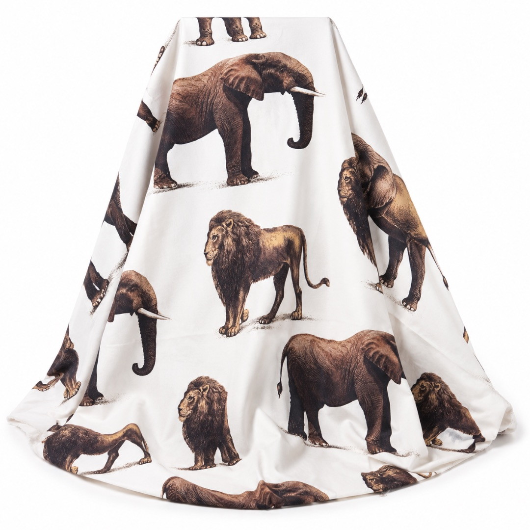 Luxury White Royal Elephant and Lion Traditional fenico Fabric