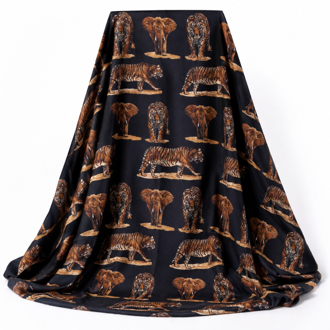 Luxury Black Safari Tiger and Elephant Traditional  fenico Fabric
