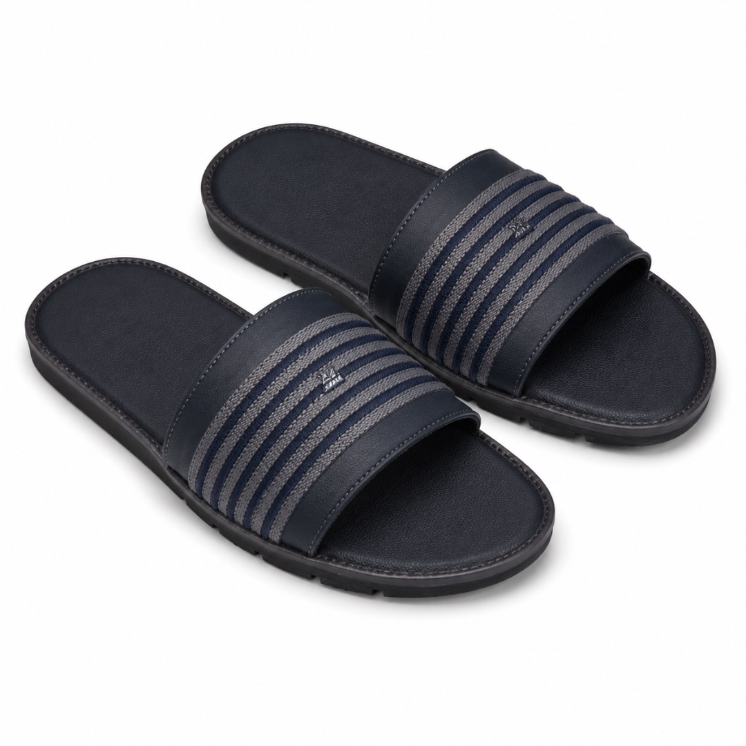Luxury Navy Blue and Grey Striped Comfort Slide Sandals