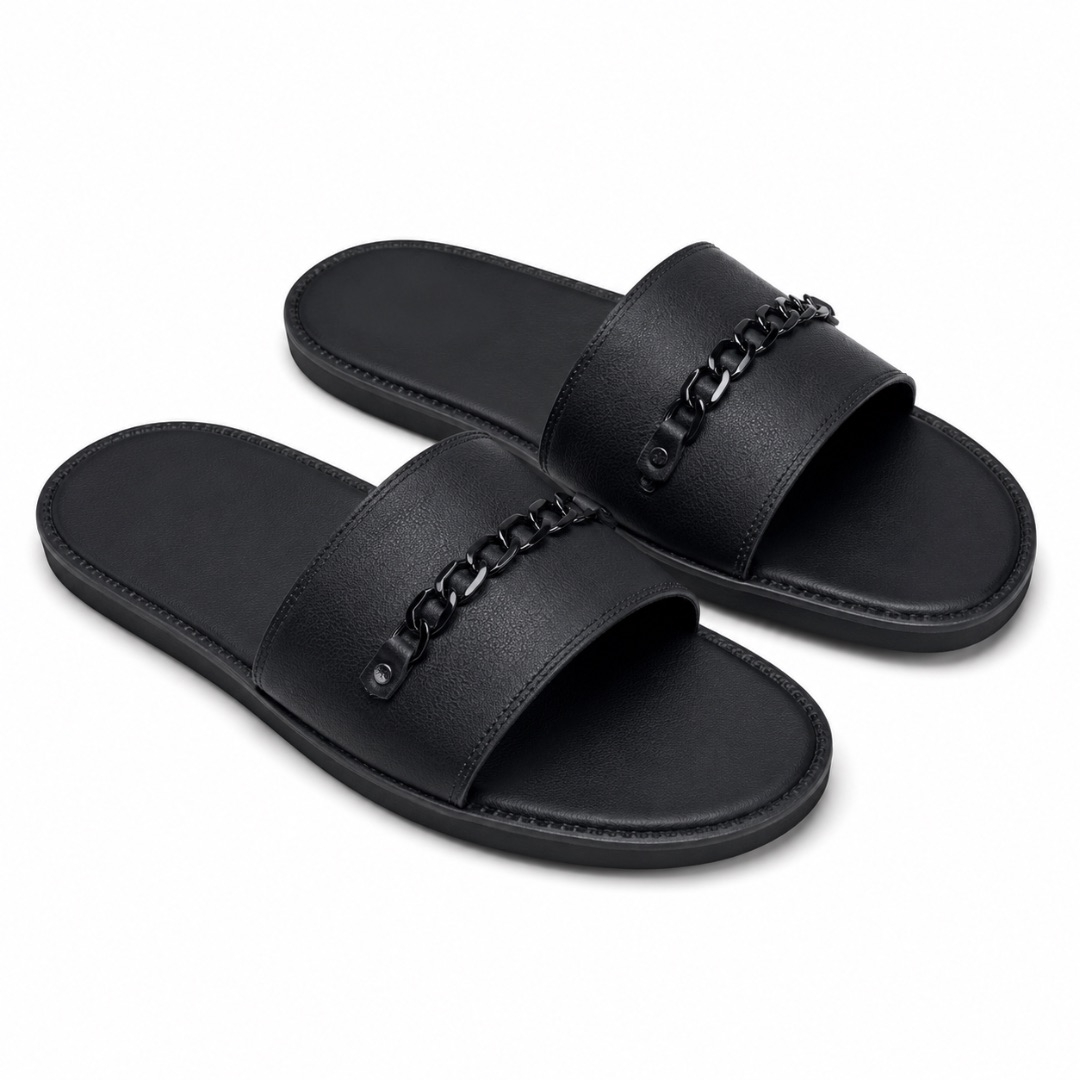 Luxury Black Chain Accent Comfort Slide Sandals