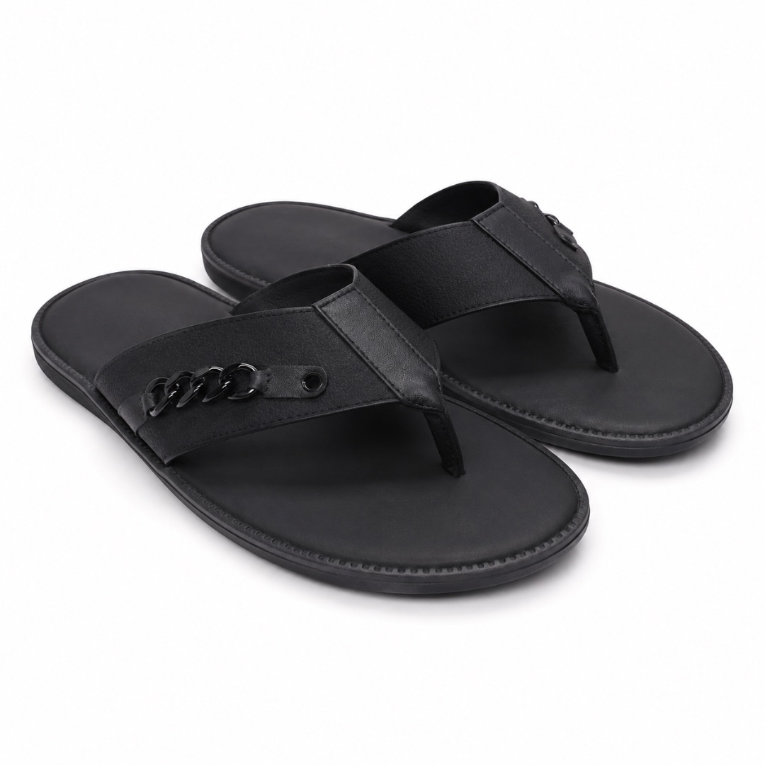 Luxury  Black Chain Accent Leather Flip Flop  Sandals