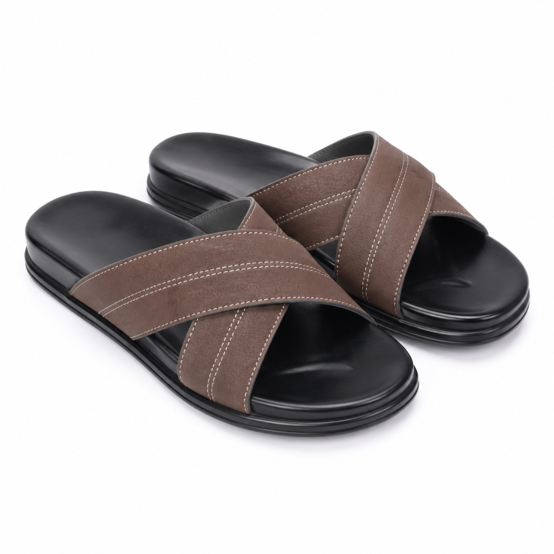 Luxury  Brown Cross Band Comfort Slide Sandals