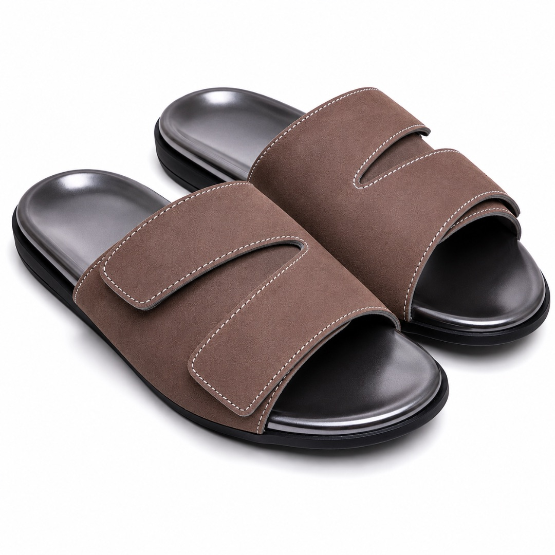 Luxury Brown Layered Strap Comfort Slide Sandals