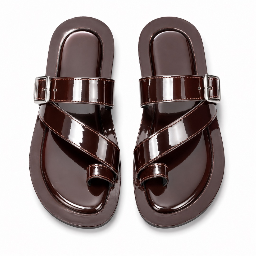 Luxury  Chocolate Brown Patent Leather Toe Ring Sandals