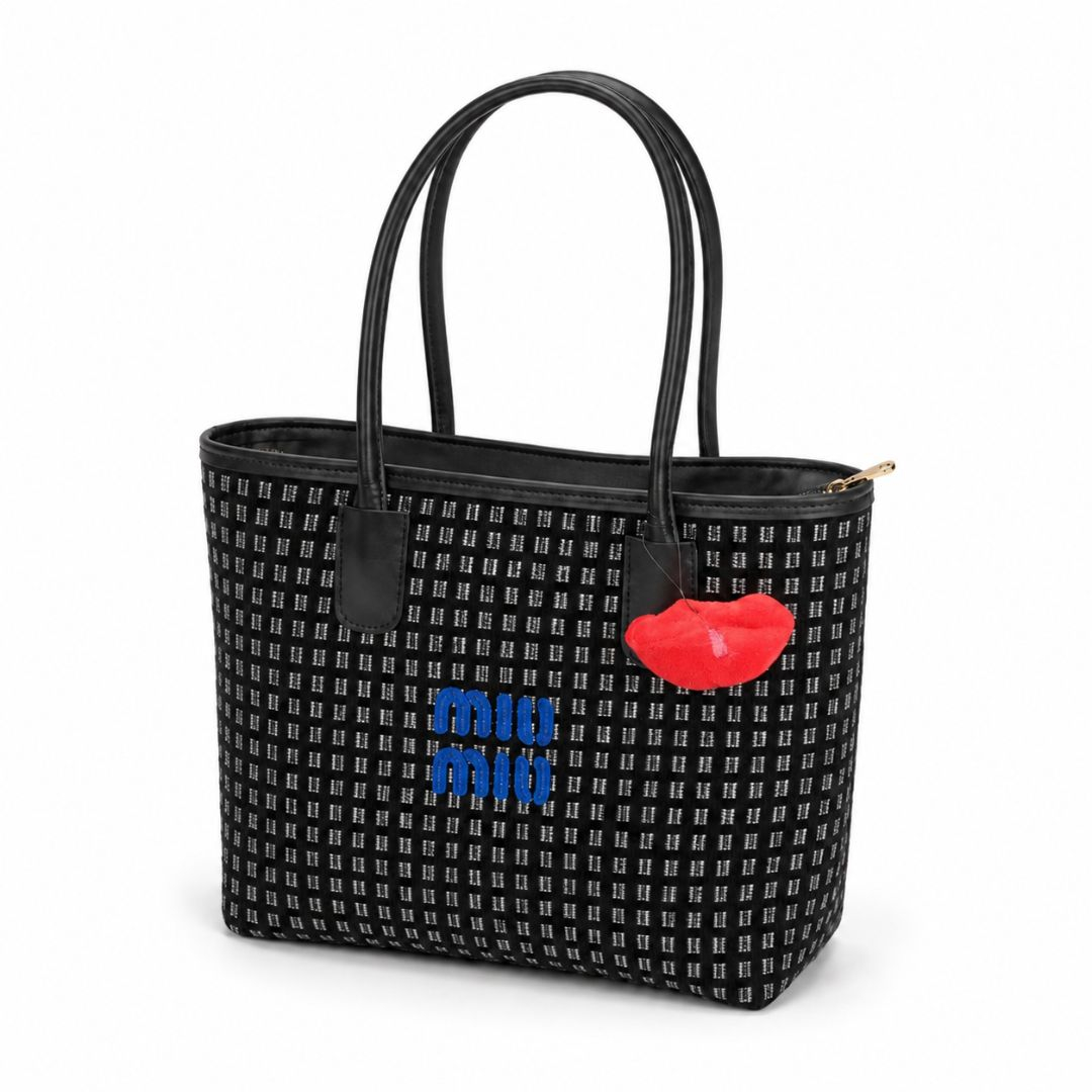 Black Checkered Mini Tote Bag  with  Embroidered Detail