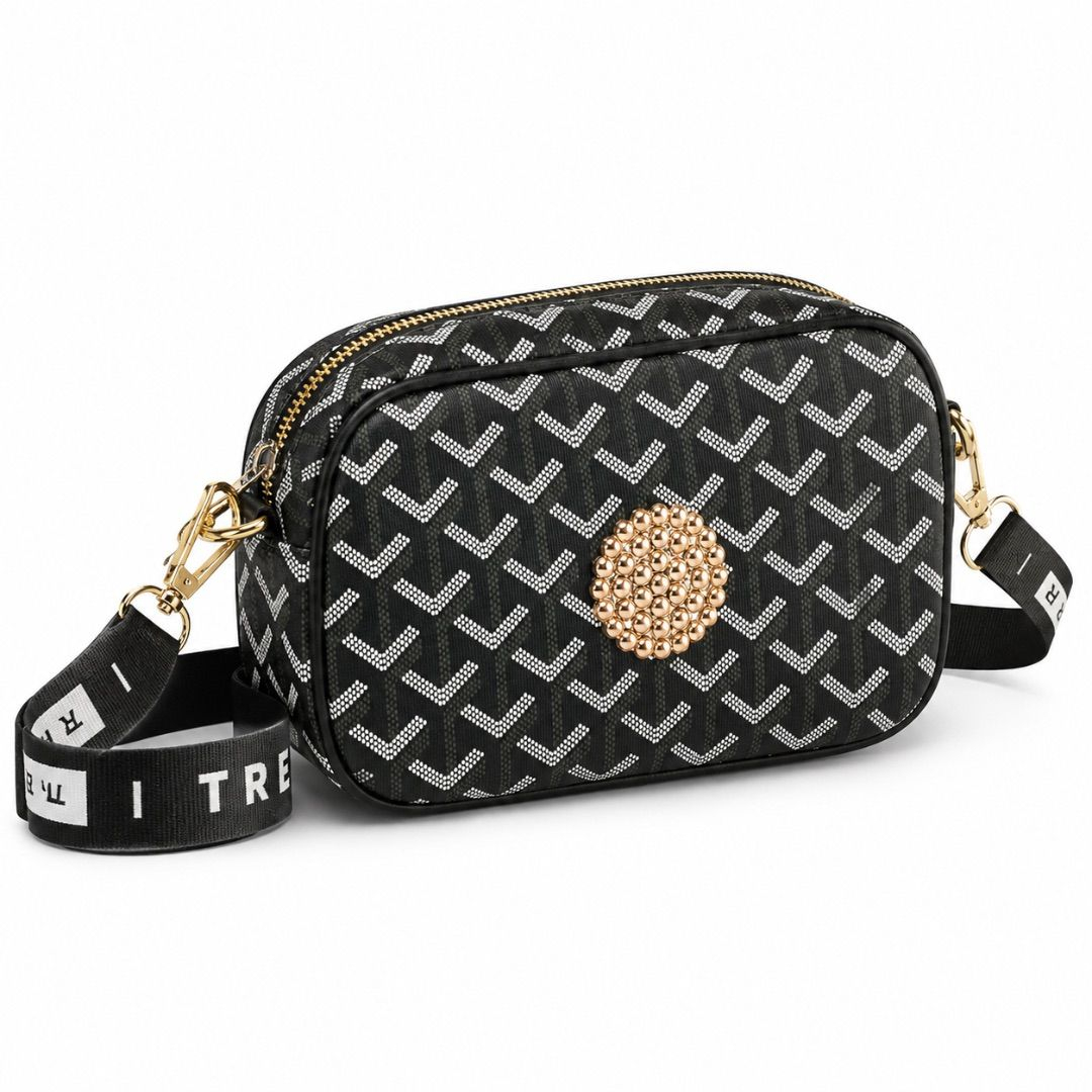 Black Chevron Print Crossbody Bag  with  Crystal Accent
