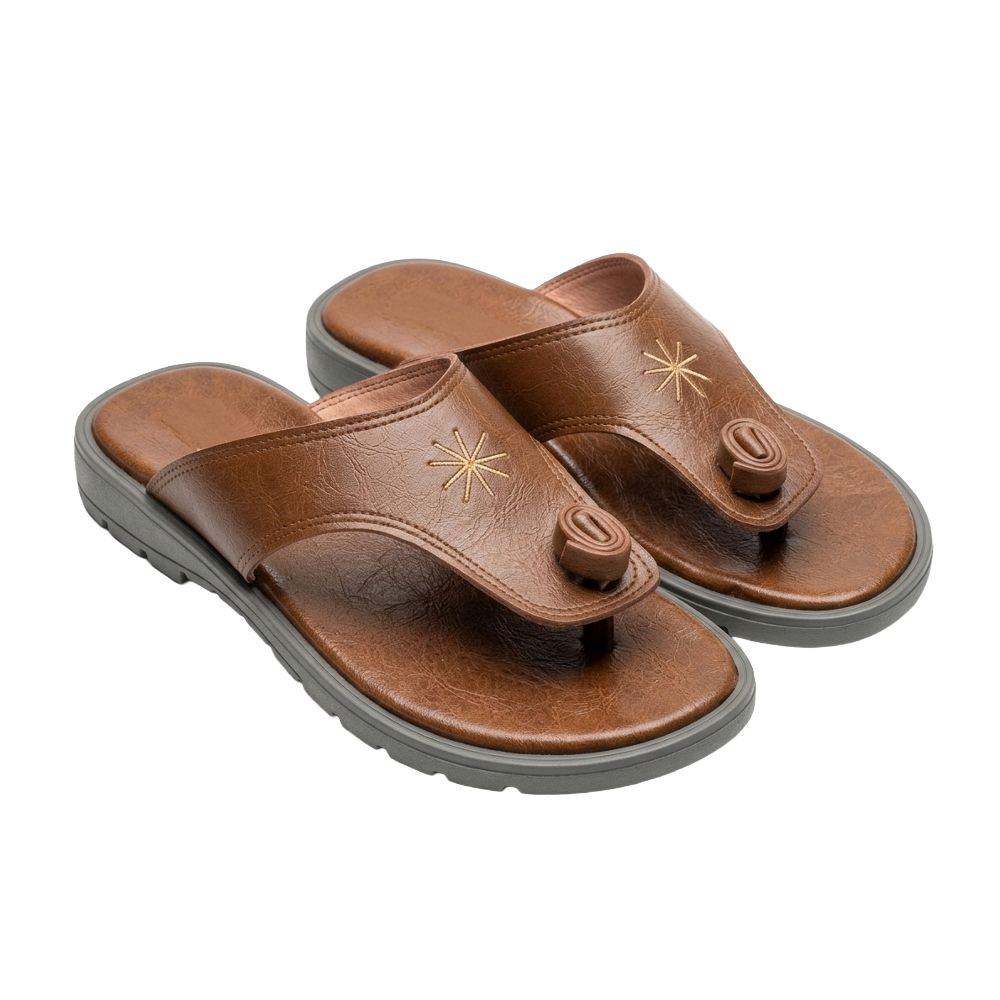 Brown Toe Loop Leather Slides with Embroidered Detail