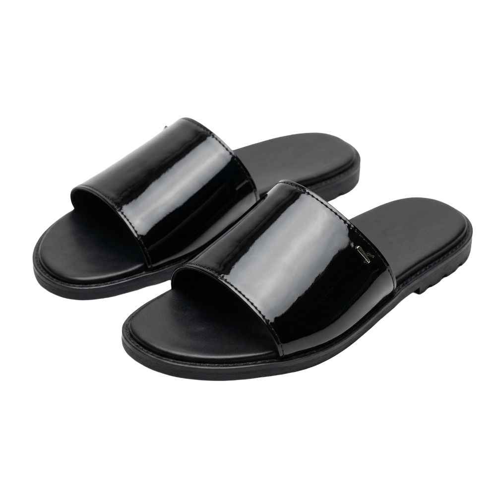 Mens Black Patent Leather Slip On Slide Sandals