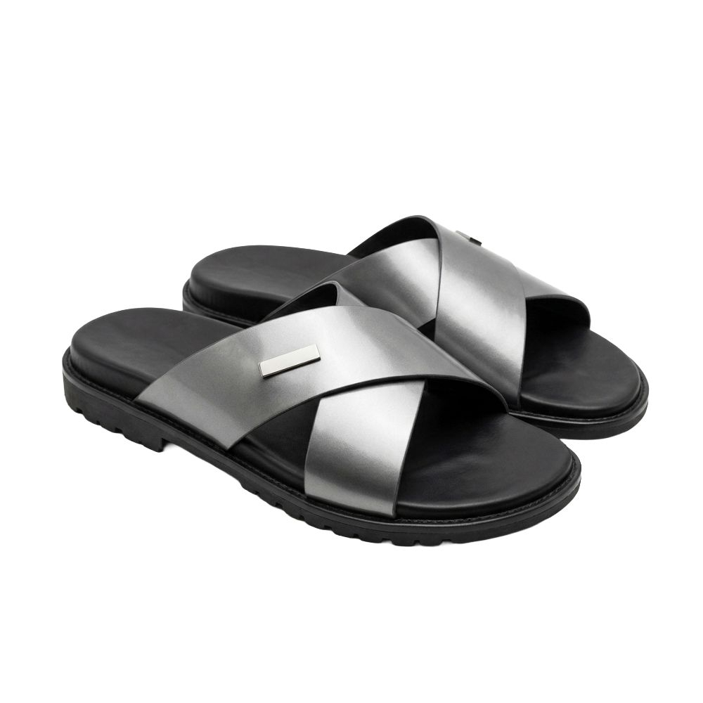 Mens Metallic Grey Crossover Strap Slide Sandals