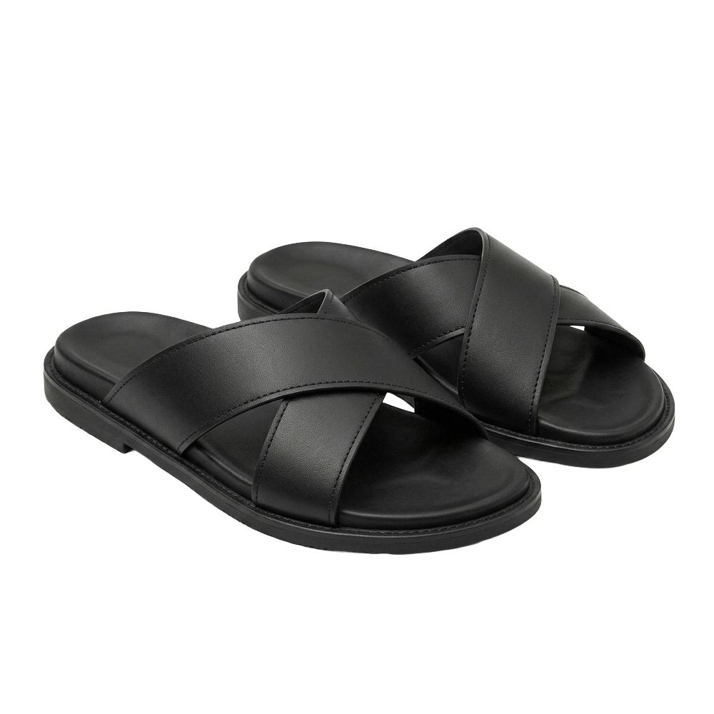 Black Crossover Leather Slide Sandals