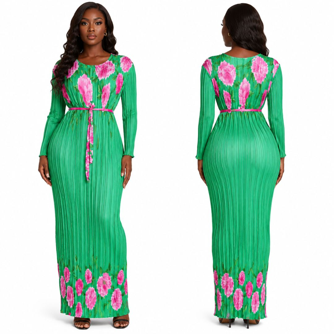 Green Floral Pleated Maxi Dress with Pink Peony Print
