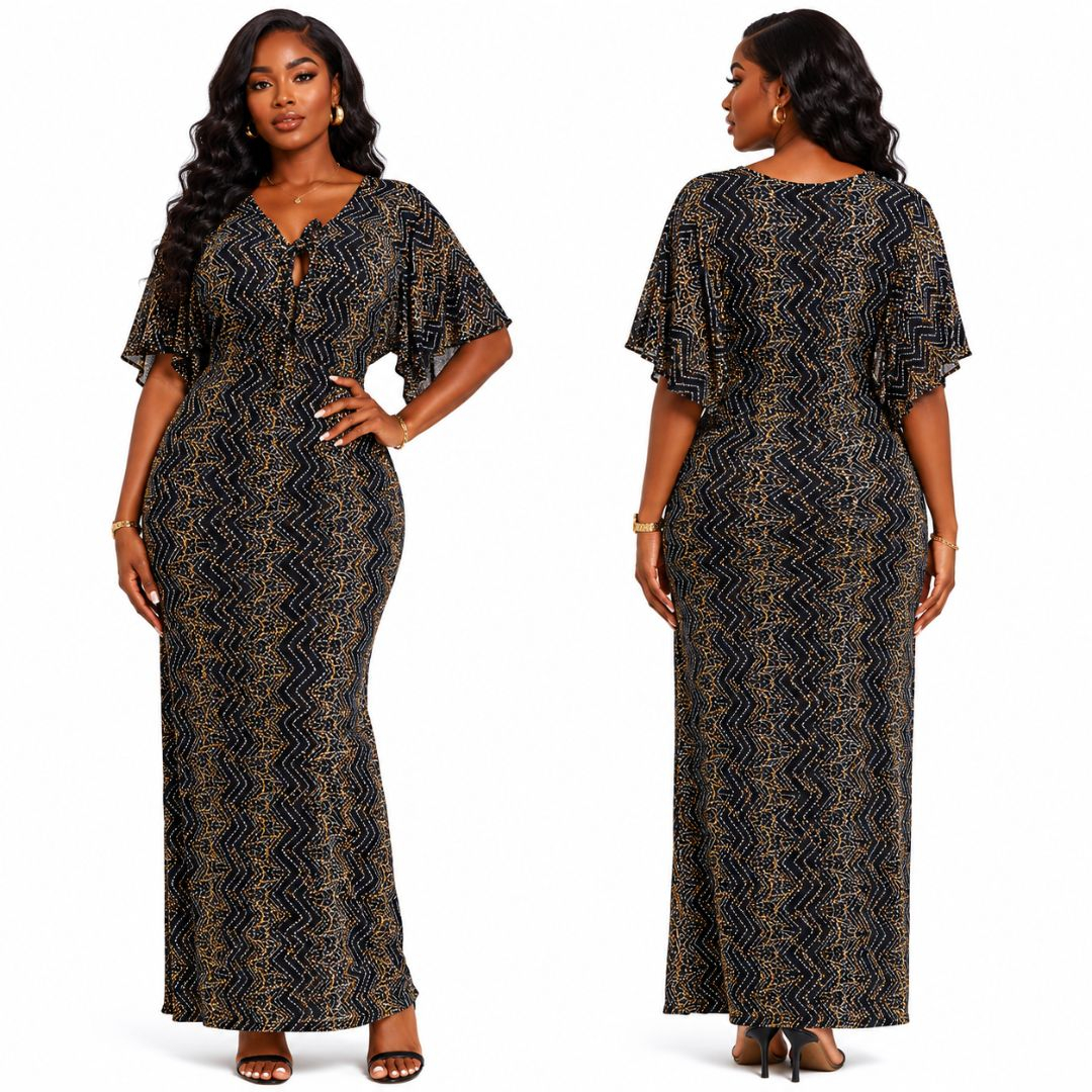 Zigzag Pattern V Neck Kaftan Maxi Dress