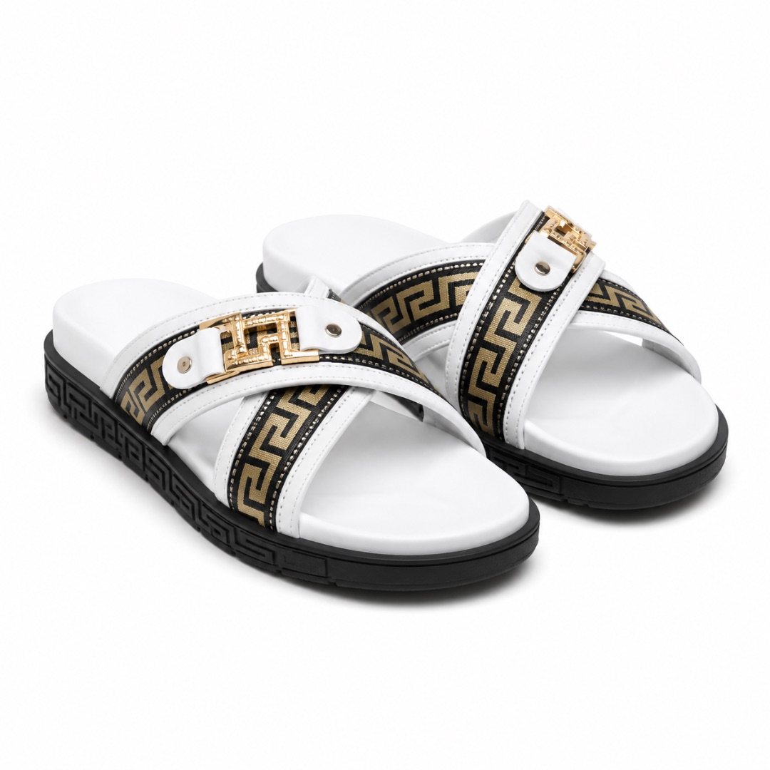 Mens  White Slide Sandals with Gold Buckle