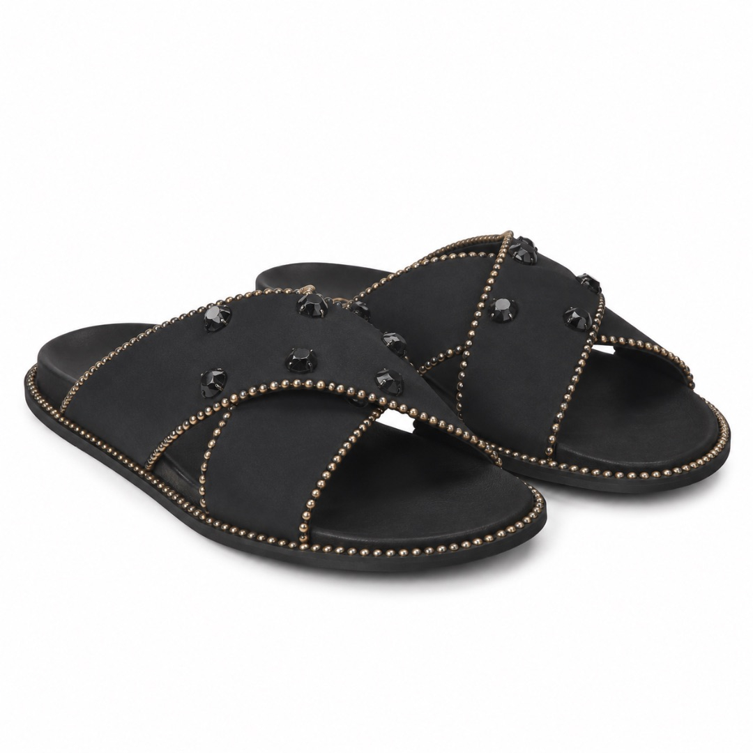 Premium  Black Studded Cross Strap Fashion Slide Sandals