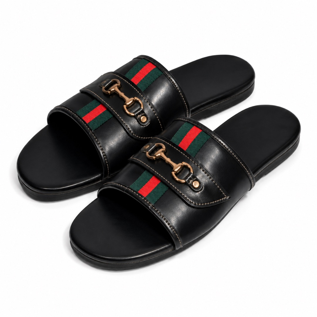Premium Black Luxury Slide Sandals with Horsebit Metal Accent