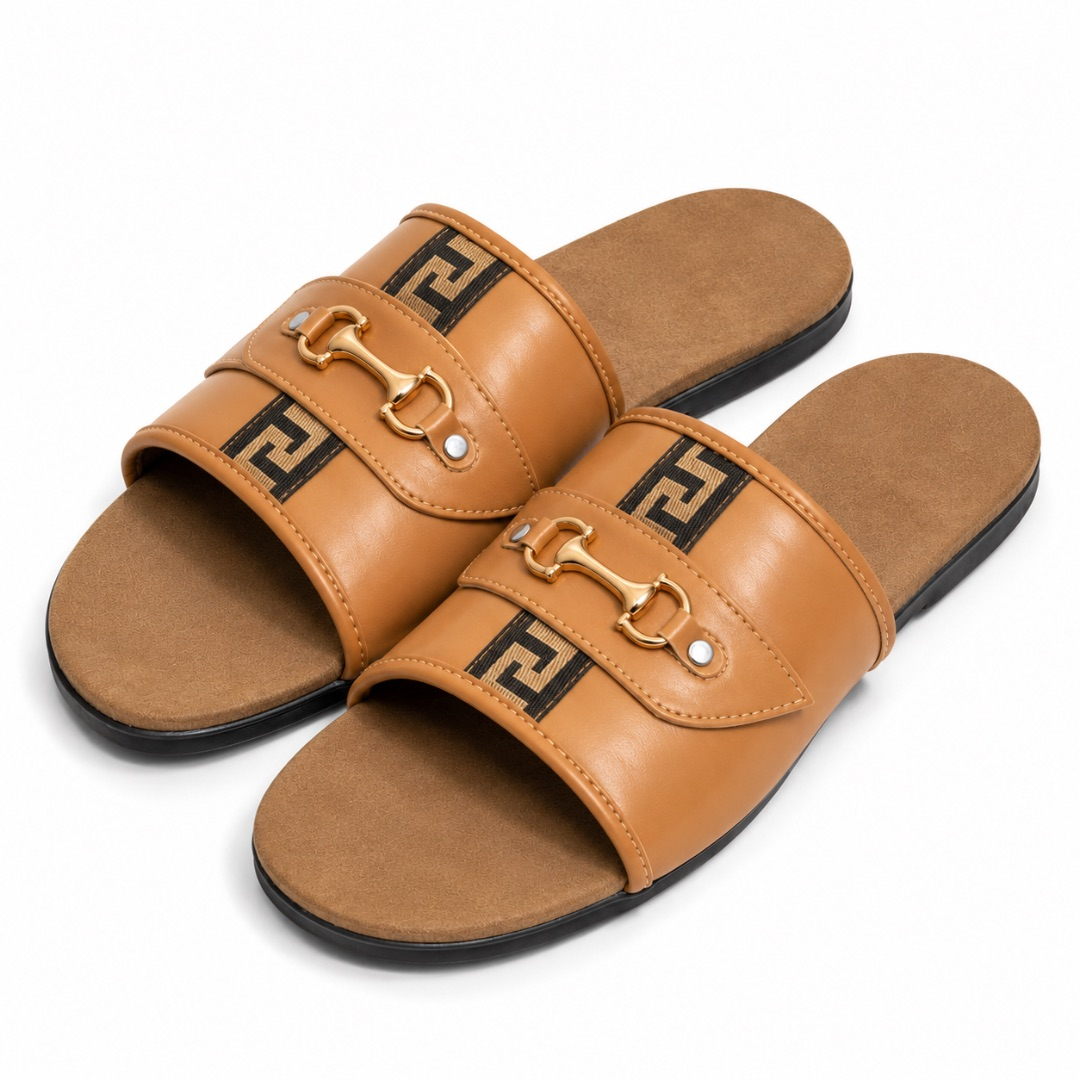 Premium Tan Brown Luxury Slide Sandals with Gold Horsebit Accent