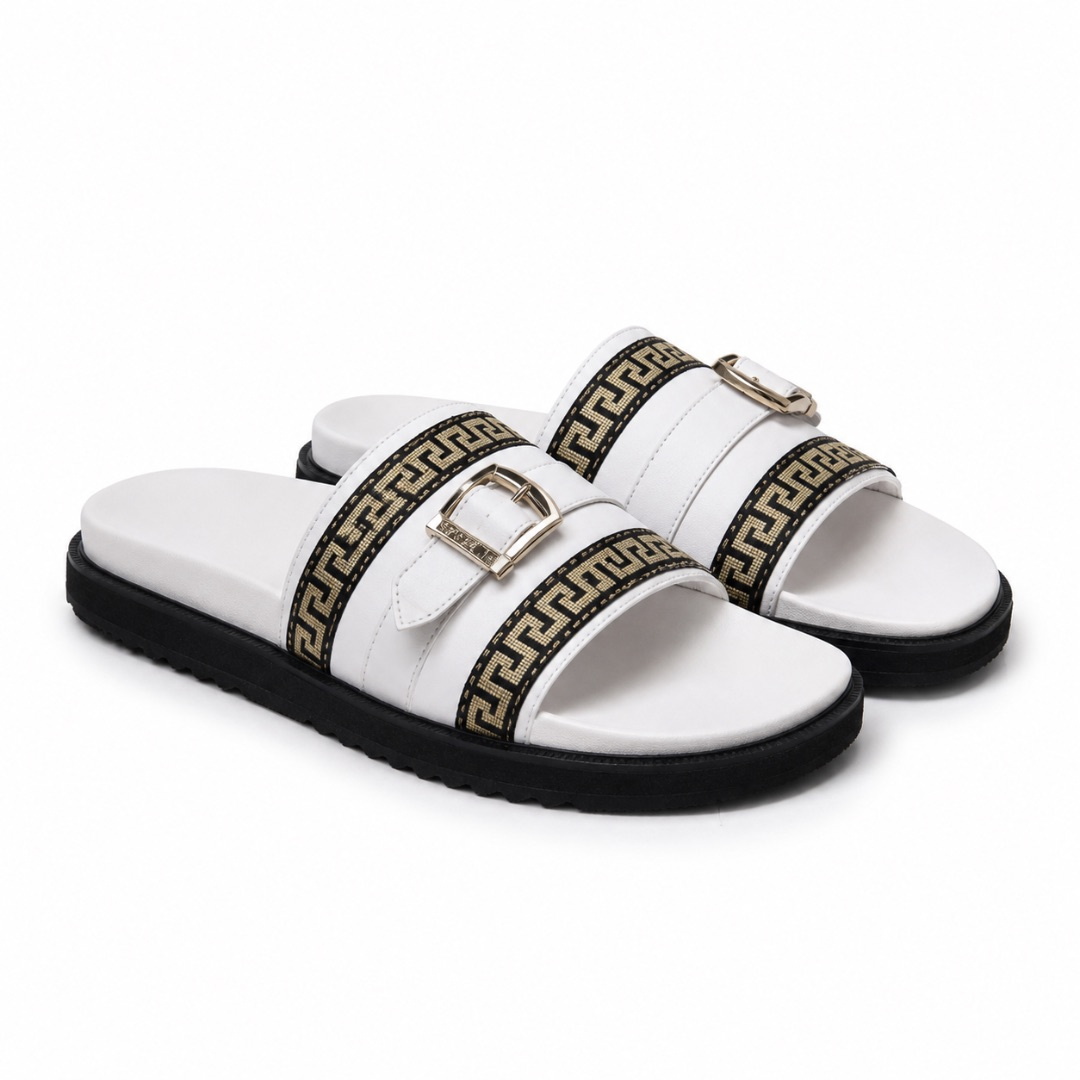 Premium White Double Strap Luxury Slide Sandals with Gold Buckle Accent