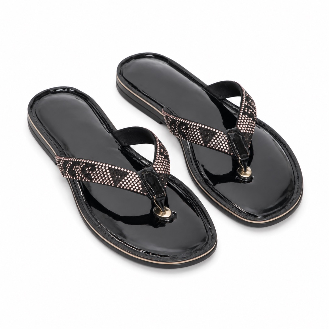 Luxury Black Rhinestone Strap Low Heel Flip Flop Sandals  for Women