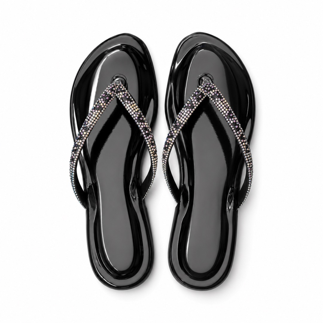 Luxury Black Rhinestone Strap Flat Flip Flop Sandals  for Women