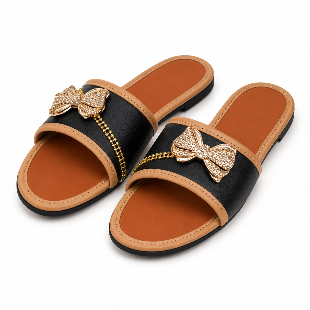 Luxury Black and Nude Bow Accent Flat Slide Sandals  for Women