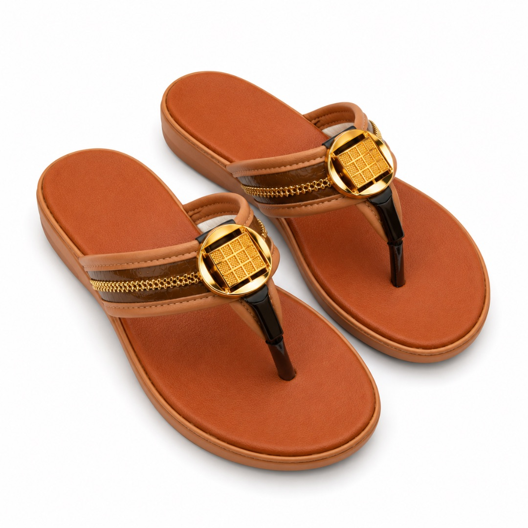 Luxury Brown Gold Accent Flat Flip Flop Sandals    for Women