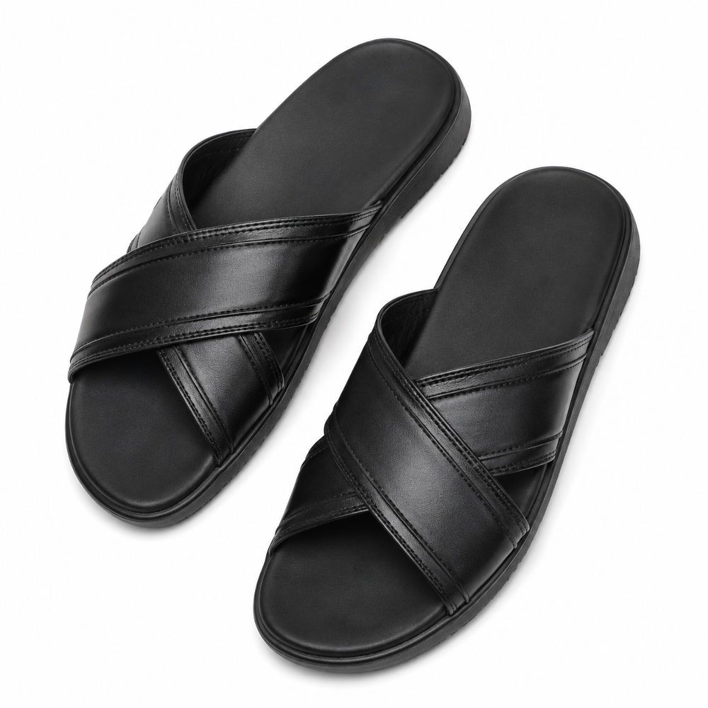 Black Leather Slide Sandals