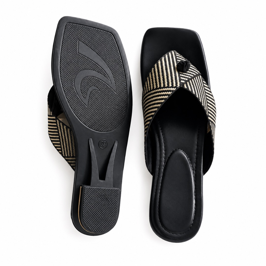 Womens Geometric Woven Strap Thong Sandals with Glossy Footbed