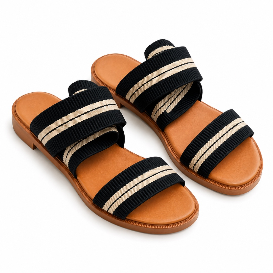 Two Tone Elastic Strap Flat Sandals