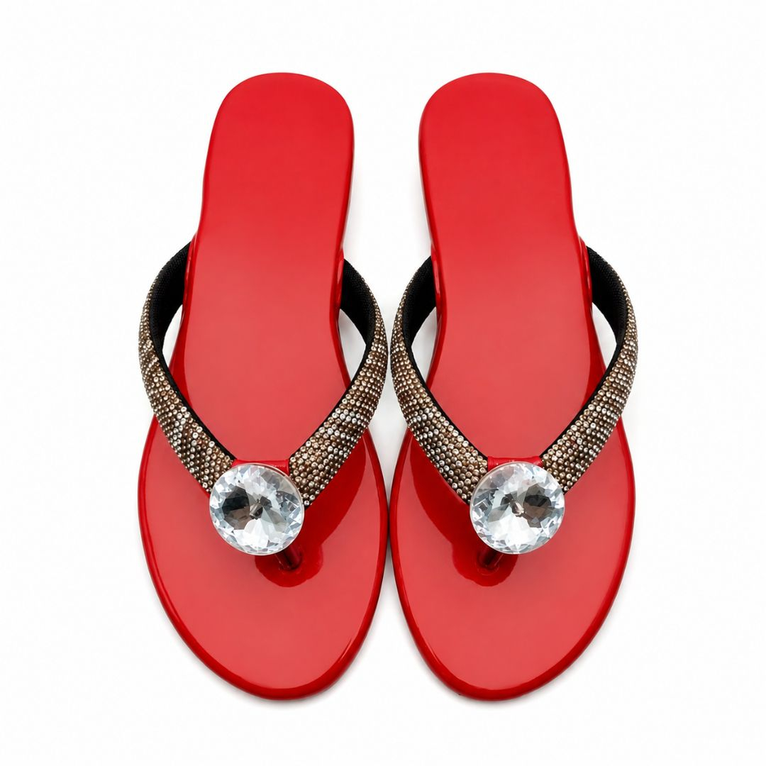Vibrant Red Glossy Gemstone Thong Sandals