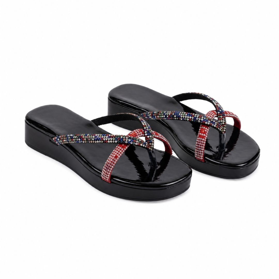 Glossy Black Multi Tone Beaded Strap Thong platform Sandals