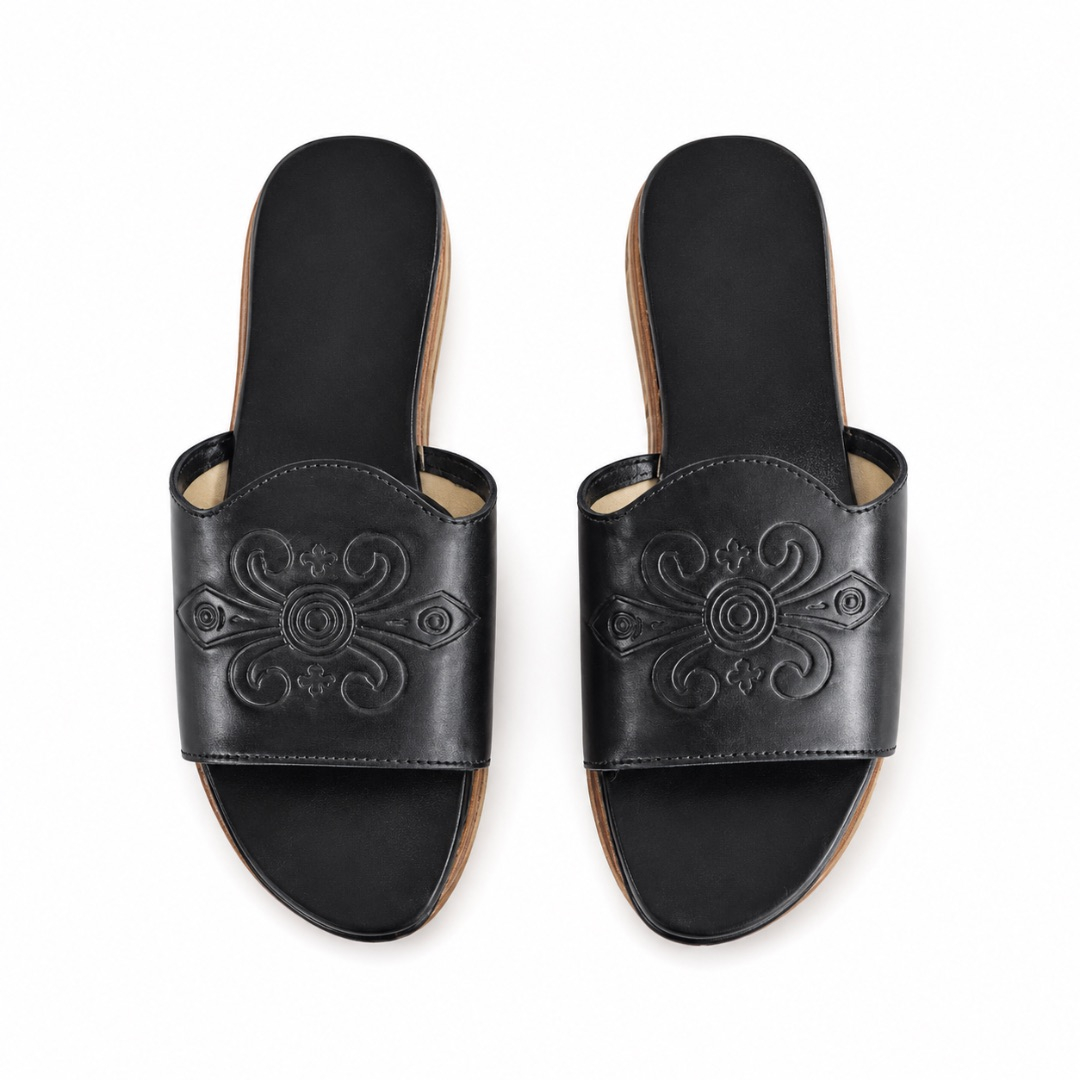 Embossed Medallion Wedge Slide Sandals