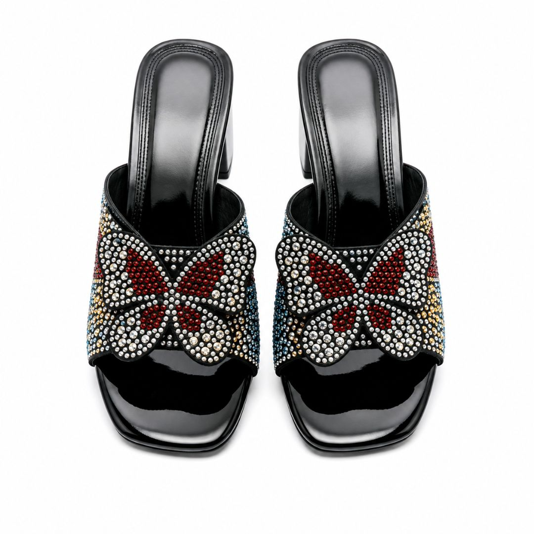 Multicolor Rhinestone Butterfly Heeled Mules