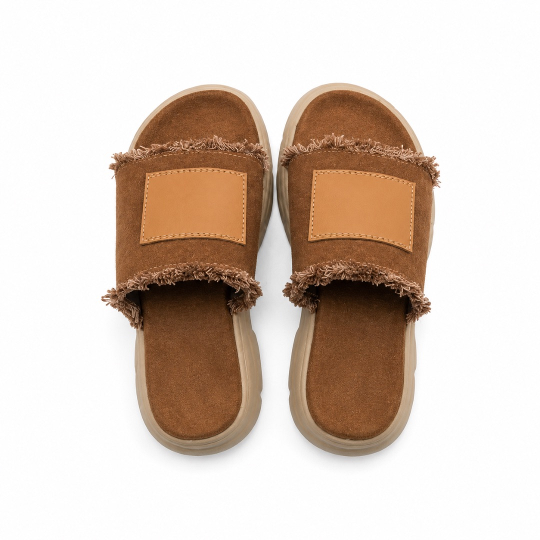 Frayed Denim Canvas Slide Sandals with Decorative Patch