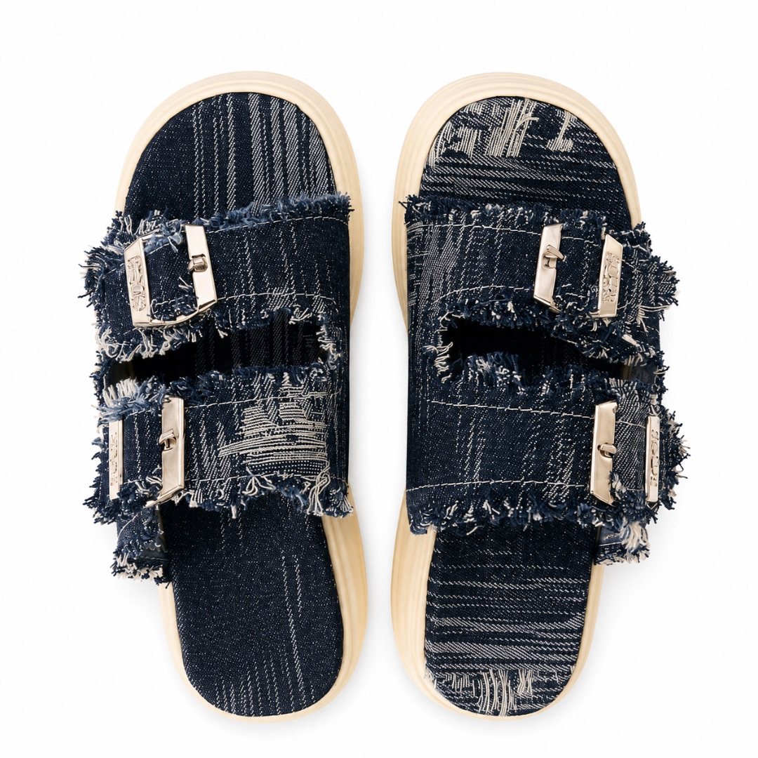 Distressed Denim Dual Strap Platform Slides