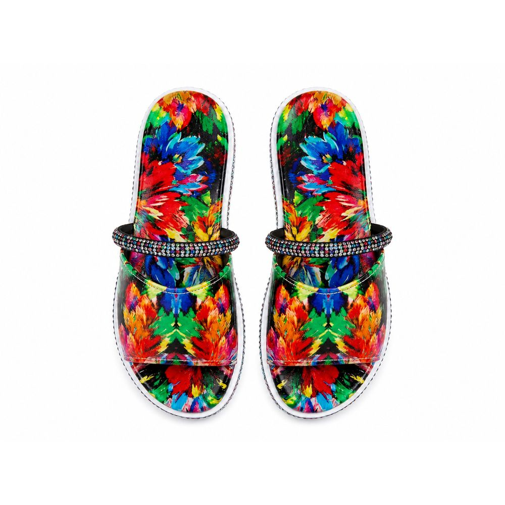 Womens Multi Color Abstract Print Embellished Slides