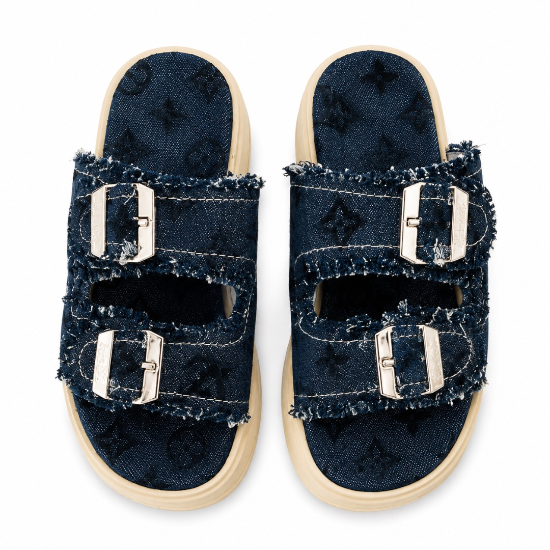 Monogram Patterned Denim Platform Slide Sandals
