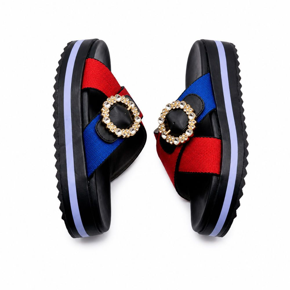Womens Embellished Geometric Print Slides